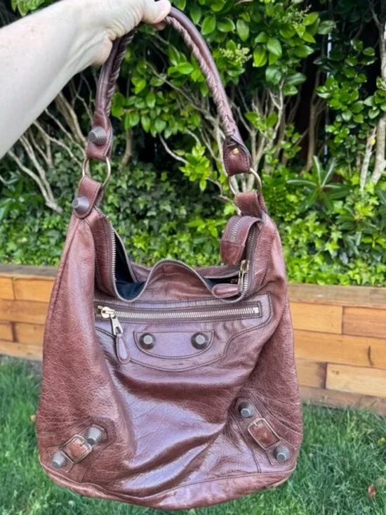 Auth Balenciaga Brown Castagna Agneau Rose G21 Hardware Day Hobo Bag - Picture 2 of 12